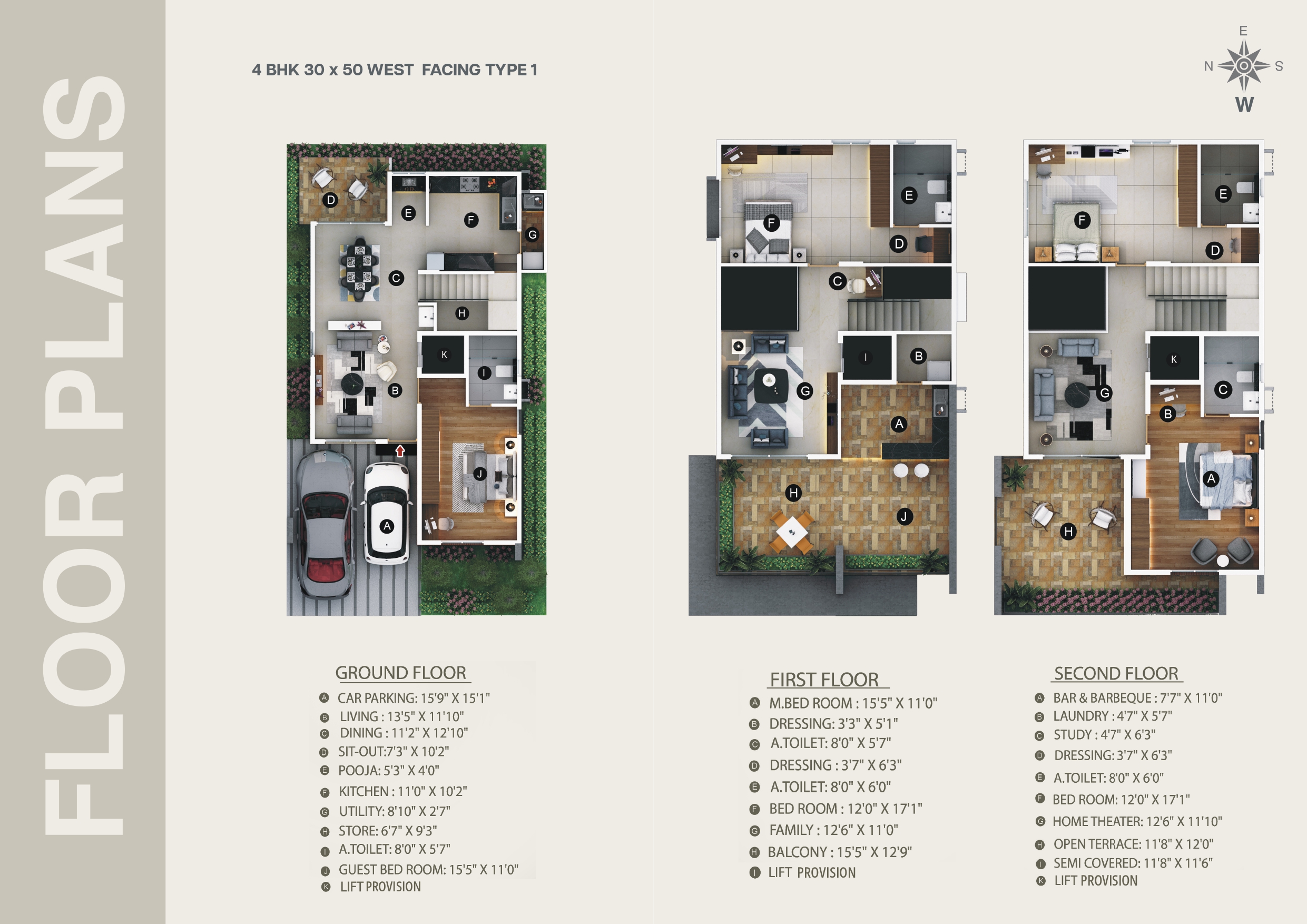 4 BHK 30x50 West Facing Type 1